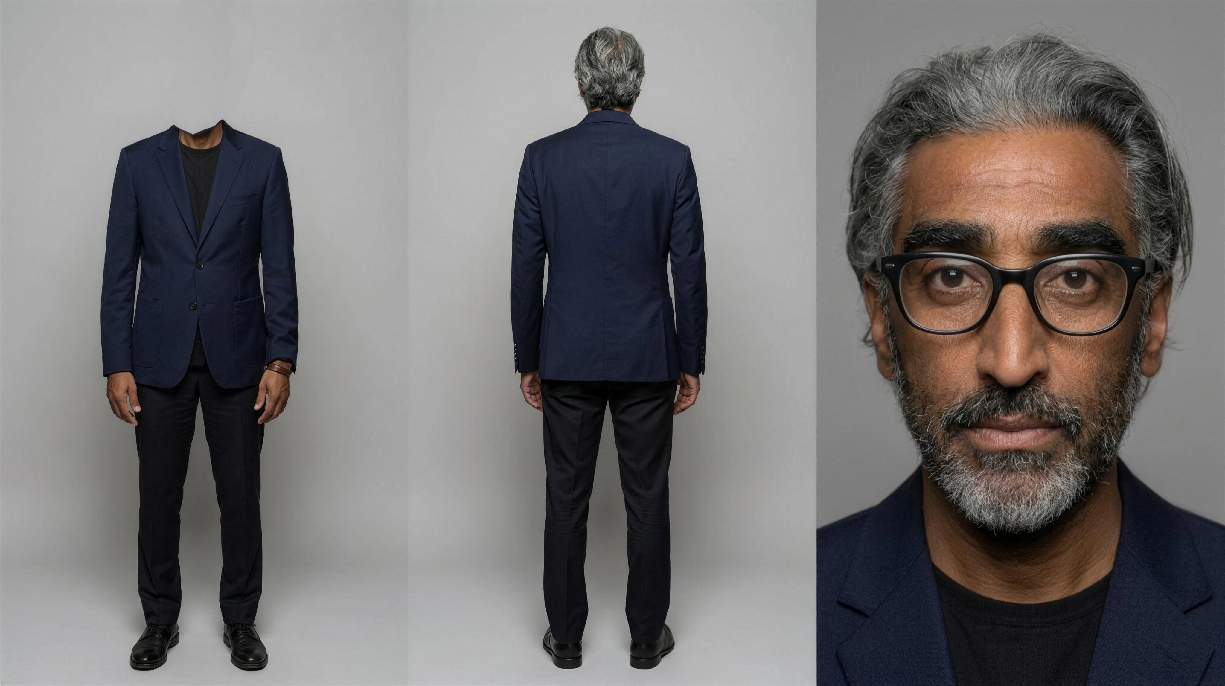 Character one reference sheet: navy suit, grey hair and glasses