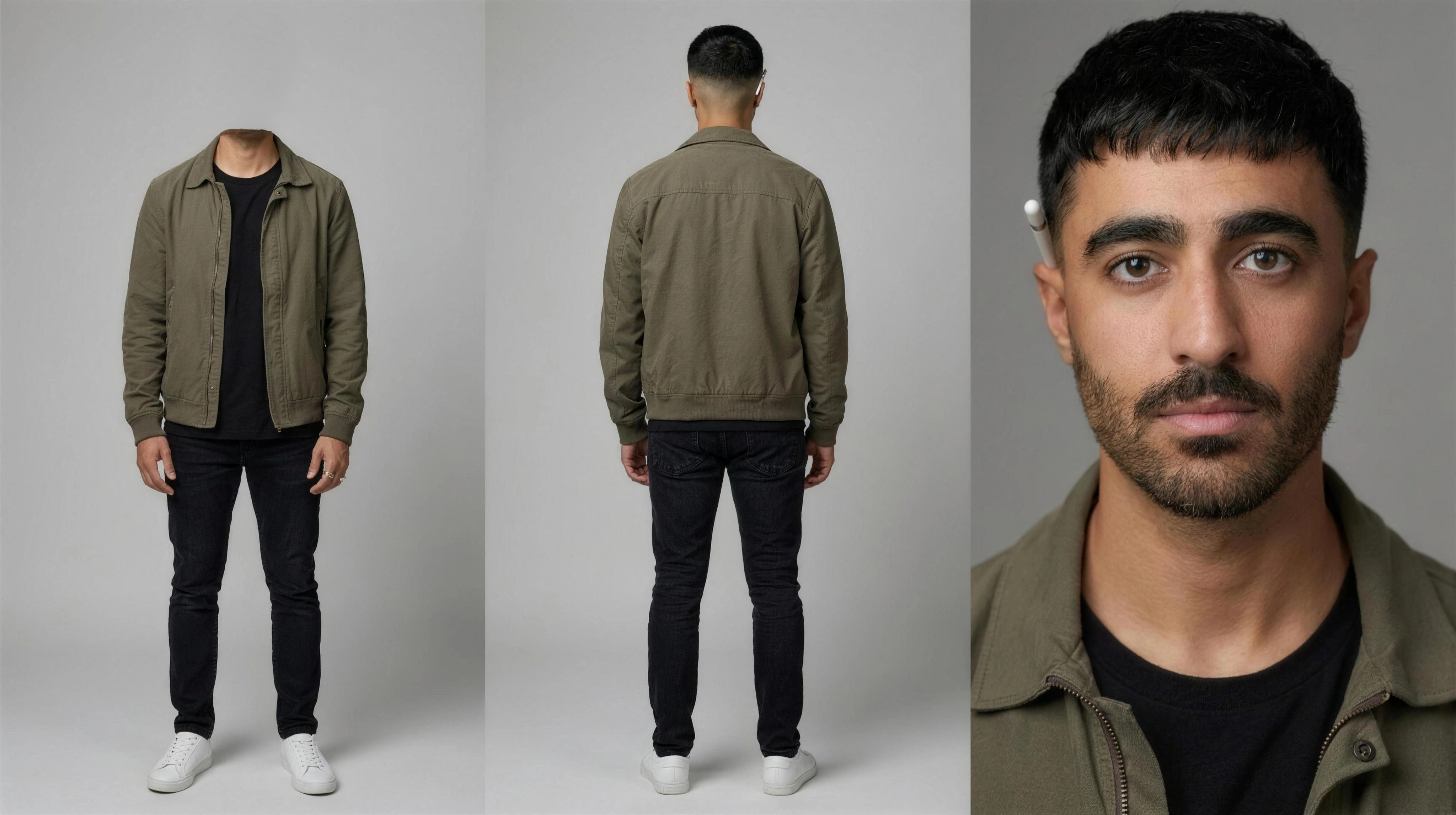 Character two reference sheet: olive jacket and dark hair