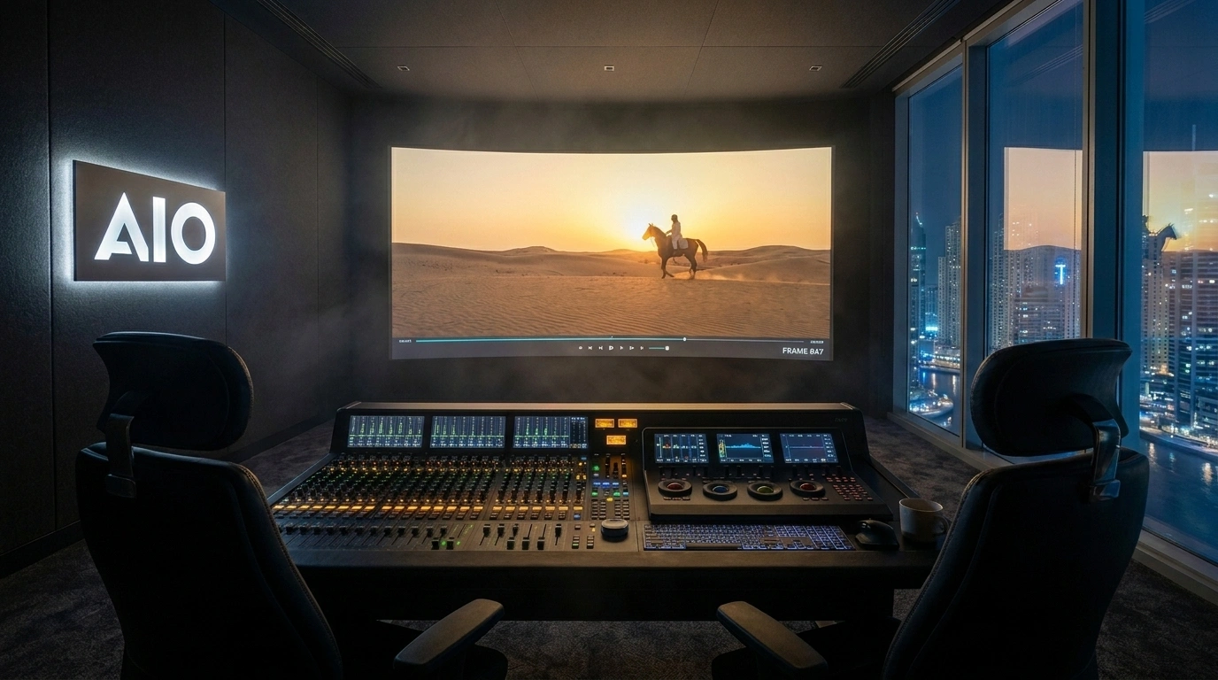 Studio environment reference with a mixing desk, cinema screen and nighttime skyline